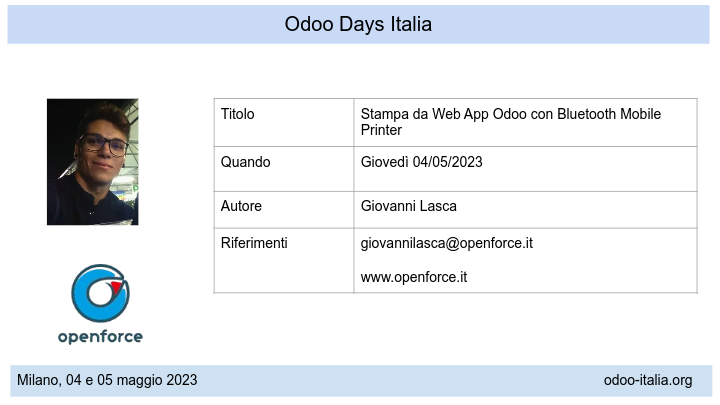 #odoodaysit - 12) Giovanni Lasca - Stampa da web app Odoo con Bluetooth mobile printer